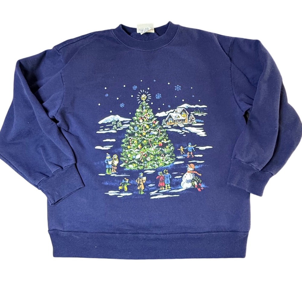 Vintage Christmas Sweatshirt Holiday Tree Graphic Crew Neck Large‎ Ice Skating